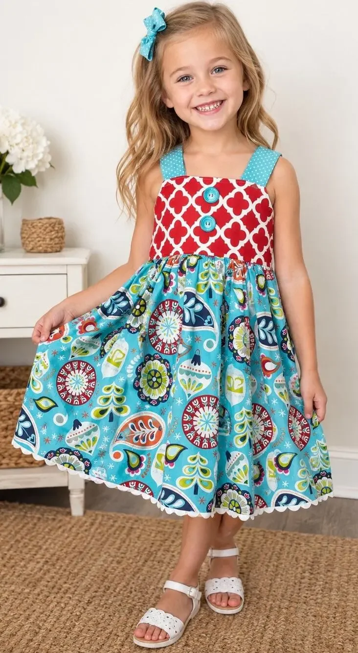 Handmade Girls Dress Jumper Size 3-4 Red White Bodice Christmas Theme Full Skirt